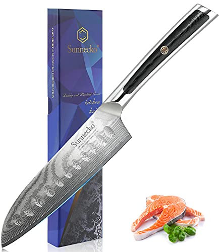 Sunnecko 13cm Santoku Messer Damaststahl, Küchenmesser Damastmesser klein Scharfes Kochmesser mit Damast Klinge G10 Griff Messer Scharf