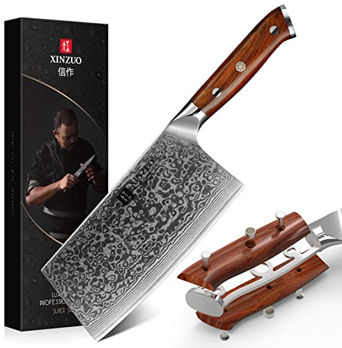 XINZUO 7 Inch Chinese Meat Cleaver Knife-Real 67 Layers Damascus Butcher Knife-Suitable for Meat/Vegetable Cleaver-Ultral Sharp-Natural Rosewood Handle-Yu Series