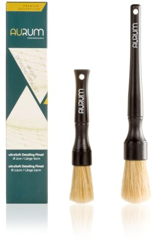 Aurum-Performance® Detailing Pinsel Auto 2er Set mit weichen Naturborsten | KFZ Reinigungspinsel sanft & effektiv zur Profi Autopflege für innen & außen - Car Detail Brush, PKW Waschpinsel Essential