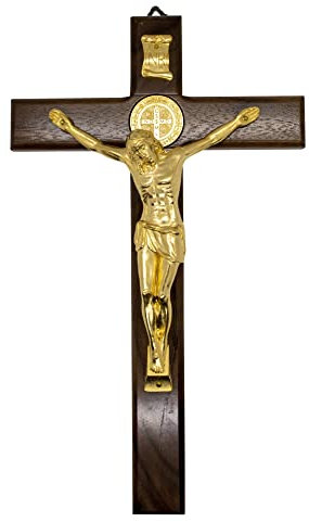 Kruzifix aus dunklem Holz, mit metallischem Korpus und eingebetteten St. Benedikt-Medaillen, 30,5 cm, goldfarben
