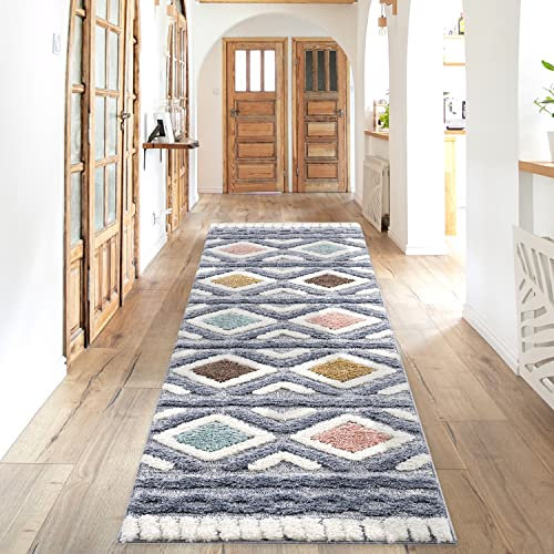 payé Teppich Läufer fürs Flur - 80x300cm - Hochflor - Boho - Pastell Multi - Einfarbig - Modern Raute Ornamente - Skandinavisch Flauschig Weich - Schlafzimmer