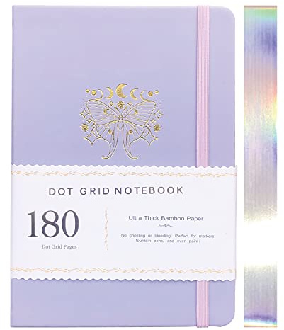 BUKE prickig anteckningsbok journal 180 GSM bambu tjockt vitt papper 160 sidor 5 x 5 mm pricknät, lägg platt bindning, färgade silverkanter, bokmärken och expanderbar bakficka (BKP-5)