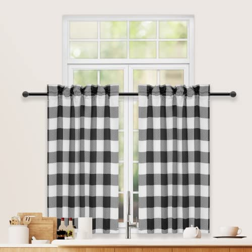 Simple Deluxe Buffalo Plaid Check Kitchen Tier Curtains, Short Small Window Gingham Curtain for Cafe, Bathroom, Kitchen Rod Pocket Curtains, 26'' W x 30'' L, Black and White