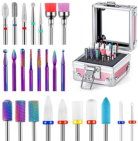 25Pcs Nail Drill Bits Set with Holder for Acrylic Gel Polish | 3/32 Inch Ceramic Tungsten Carbide Diamond Nail Bit, Cuticle Efile Remover for Home Salon Manicure Pedicure