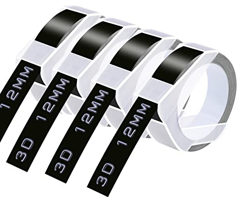 Cruxer 5 Pack A898132 Embossing Tape Replacement for Dymo 12mm x 3m White on Black Omega 3D Label Tape Self-Adhesive Dymo Embossing Tape Vinyl Labels for DYMO Omega Junior Embossing Label Makers