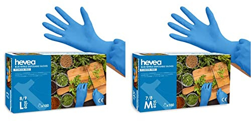 Hevea - Gants en nitrile jetables. Sans talc et sans latex. Boîte de 100 gants. L (Grande). bleu & Gants jetables en nitrile. Sans poudre ni latex. 1 boîte de 100 gants. Taille : M (moyen) bleu