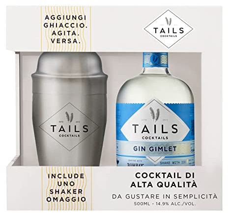 Tails Cocktails Set Shaker, Include una Bottiglia di Tails Cocktails Gin Gimlet 500 ml, Uno Shaker in Metallo da 500 ml