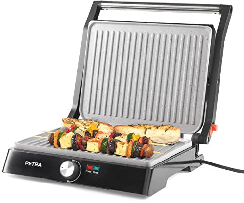 Petra PT4076VDEEU10 XL 180° Elektrogrill und Panini-Presse - Sandwichtoaster mit marblestone Antihaftbeschichtung, Tischgrill, ausklappbar für 2 Kochflächen, Gemüse, Fleisch, Spieße, Fettarmes Grillen