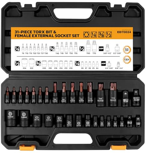31-Piece Torx Bit Socket Set: 14 Star Bits T8-T70 & 13 E-Torx Sockets E4-E24, Premium CR-V & S2 Alloy Steel, High Torque Laser Marked for Automotive Mechanic