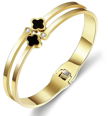YeGieonr Armreif Gold Kleeblatt Armband, Vierblättriges Kleeblatt Armband Gold, Edelstahl Armbänder Damen, Geburtstagsgeschenk für Frauen