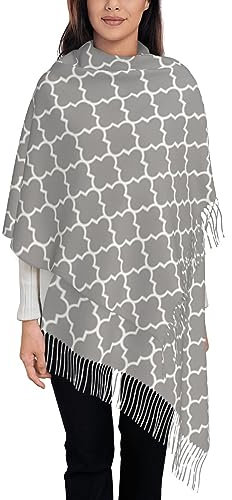 vacsAX Damen Fransenschal – Weicher Kaschmirschal für Herbst Winter – Stilvoller und warmer Schal für Frauen Regenbogenfarben gestreift, Quatrefoil Grau, One size