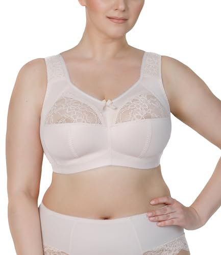 Full Cup Bra, Soft Minimiser, Without Underwire, with Lace, Large Sizes, Wide Straps, Laminated Cotton, Soft, Stable Support, Large Breasts, Comfortable for Everyday Use, cream-coloured, 46G