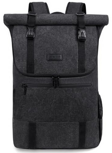 LOVEVOOK Rolltop Rucksack Herren Damen, Groß Laptop Rucksack 17,3 Zoll, Roll Top Rucksäcke Wasserdicht Schulrucksack Für Uni Arbeit Reisen Business, Canvas Schwarz