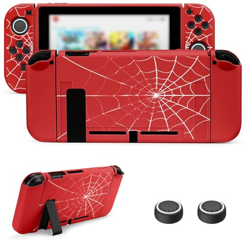 JINGDU Fodral kompatibelt med NS 2017, TPU-fodral tillbehör för Switch-konsol och grepp Joy-Con, switchskydd med 4 tumgrepp, röd spindelnät…