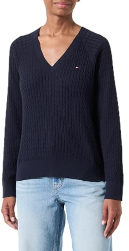 Tommy Hilfiger Jersey Mujer Cable Sweater con Cuello de Pico, Azul (Desert Sky), XS