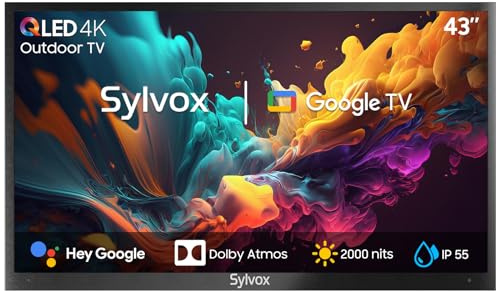 SYLVOX 43 Zoll Outdoor TV, 4K UHD QLED Google Outdoor Fernseher | 2000 Nits, Sprachassistent, Dolby Atmos, IP55 Wasserdicht TV für Garten, Terrasse, Pool &Gewerberäume(Pool Pro 2.0 QLED)