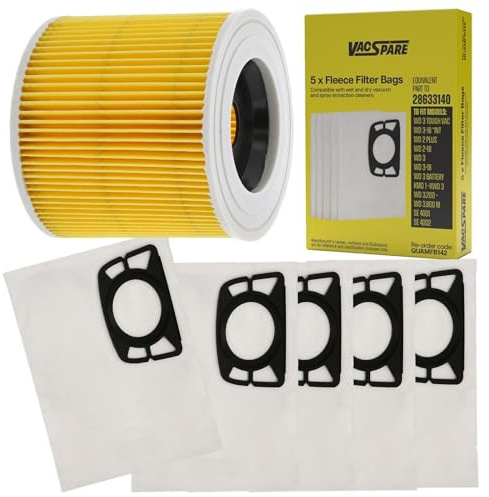 Vacspare 5 Fleece Dust Bags & Cannister Filter Service Kit Compatible With Karcher WD2, WD3, KWD1 Wet and Dry Vacuum Cleaners