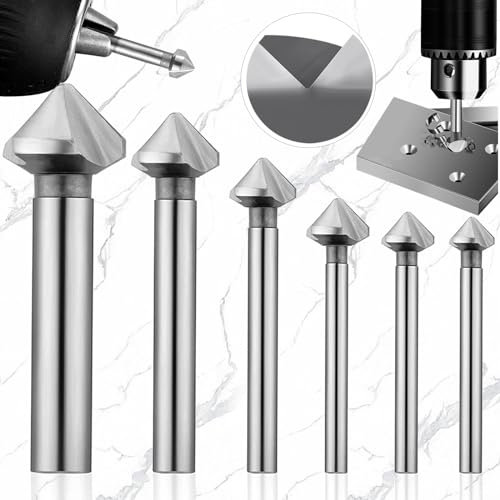 truee 6 Stück Kegelsenker Satz Metall Hss, 90° HSS Senker Entgrater Set, Kegelsenker Set Profi aus HSS Stahl, Schnellarbeitsstahl-Senkbohrer-Set, Senker, Silber-6,3/8,3/10,4/12,4/16,5/20,5mm