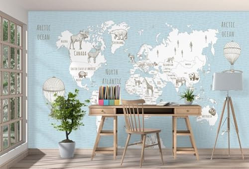 Fotomural Papel Pared Mapa del mundo azul 3D, 250 * 175 cm Vinilos Impermeables Murales Adhesivos y Pegatinas de Pared para Decoración del Hogar la Salón Dormitorio Oficina