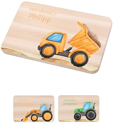 Bärenfreunde - Individuelles Holzbrett mit hochwertigem Spezial-Druck für Kinder - Personalisiertes Frühstücksbrettchen - Niedliche Motiv-Brettchen mit Namen (Kipplaster gelb)