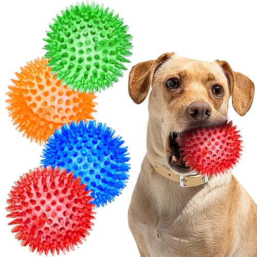 SHARLOVY Palline che squittiscono da 7,6 cm per cani piccoli, 4 colori, palline con punte per cuccioli, giocattoli da masticare durevoli per la dentizione, giocattoli indistruttibili da riportare e