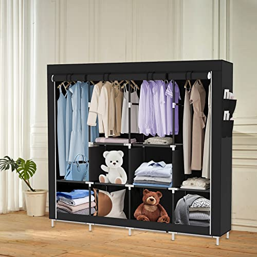 Kedia Kleiderschrank, Stoffschrank mit Reißverschluss, Kleiderstange Schuhschrank Garderobe für Schlafzimmer, Ankleidezimmer (167 * 45 * 170cm-Schwarz)