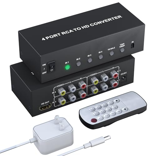 Adaptador convertidor RCA a HDMI de 4 puertos - 1080P/720P RCA compuesto CVBS AV a HDMI convertidor de vídeo y audio 4:3/16:9, para TV Xbox PS1 PS2 PS3 N64 NGC SNES WII VHS VCR cámara DVD