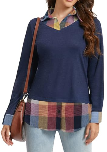 Oyamiki Kariertes T-Shirts für Damen V-Ausschnitt mit Stricken Sweater Hemdkragen Lässige Bluse Langarm Blau XL