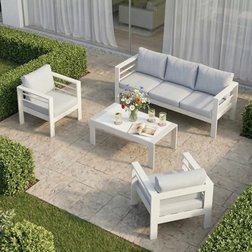 LANOX Aluminium Gartenmöbel Set Gartenlounge-Set Loungeset für 4-5 Personen Terrasse Balkon, wetterfest Sitzgruppe Essgruppe Gartengarnitur (4-TLG., 1×3-Sitzer Sofa, 2×Sessel, 1×Tisch, 10×Auflagen)