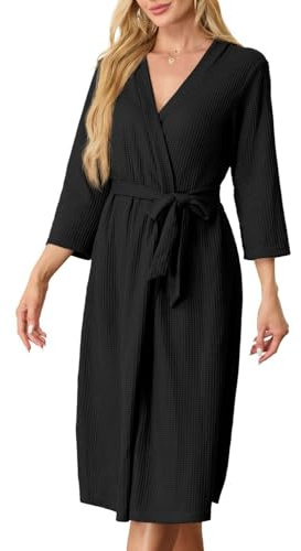 PrinStory Peignoir léger gaufré pour femme - Manches 3/4 - Col en V - Kimono - Long vêtement de nuit, Noir , M