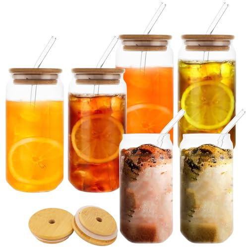6 Stück Glas Trinkbecher mit Deckel und Strohhalm 500ml Glasbecher Trinkglas in Dosenform, Trinkgläser Eiskaffee Gläser Cocktailgläser mit Deckel, Bubble Tea Becher Glas Cup Gläser Iced mit Holzdeckel