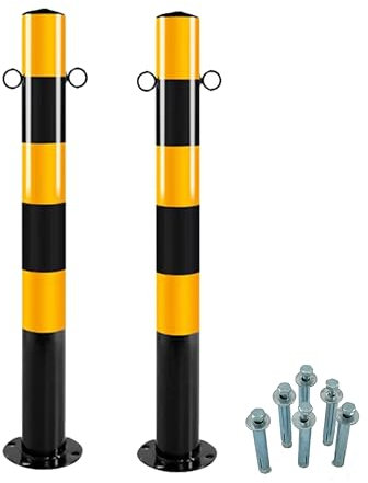 Poteaux de Signalisation 75CM en Métal - Poteau Parking Noir/Jaune 2 œillets pour Chaîne avec vis de fixation (Pack de 2)