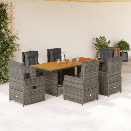 IKAYAA Polyrattan Sitzgruppe für 6 Personen, Gartenmöbel Set mit Tisch und 6 Verstellbare Hochlehner Stühlen, Essgruppe für Garten Terrasse und Balkon, inkl. Sitzkissen Grau