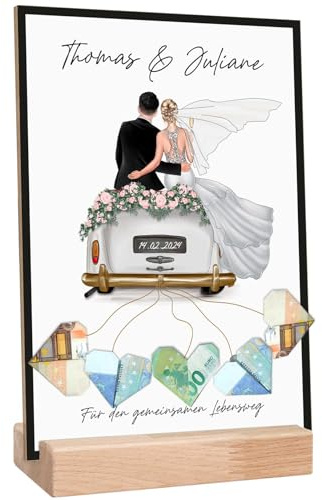 GRAVURZEILE Personalisiertes Hochzeitsgeschenk - Holzschild mit Hochzeitsauto - Hochzeitsgeschenke für Brautpaar zum selbst gestalten - Personalisiert mit Namen - Geldgeschenk für das Brautpaar