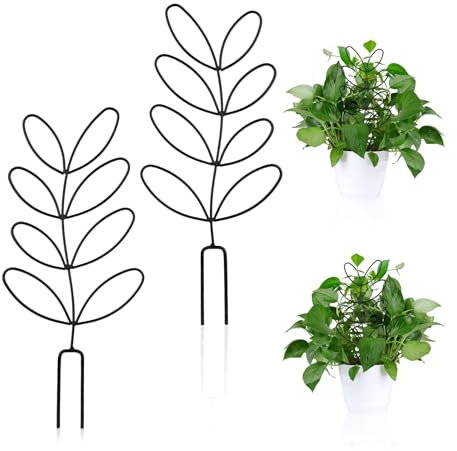 Plant Trellis, 2 Pack Indoor Potted Plant Garden Trellis for Climbing Plants, 12“ Metal Leaf Shaped Wire Stake Trellis for Outdoor Flower Support, Hoya Vines, Pothos, Ivy, Flower, Monstera, Black