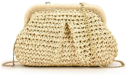 AiNinXun Stroh Umhängetaschen für Damen Strohtaschen Boho Style Korbtaschen Sommer Strohtasche Geflochten Handtasche Damen Klein Schultertasche Gewebte Geflochtene Tasche für Strand Urlaub Reisen
