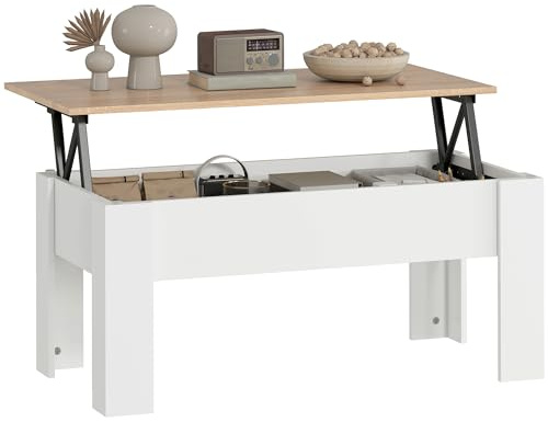 HOMCOM Mesa de Centro Elevable 100x50x45-58,5 cm Blanco y Natural