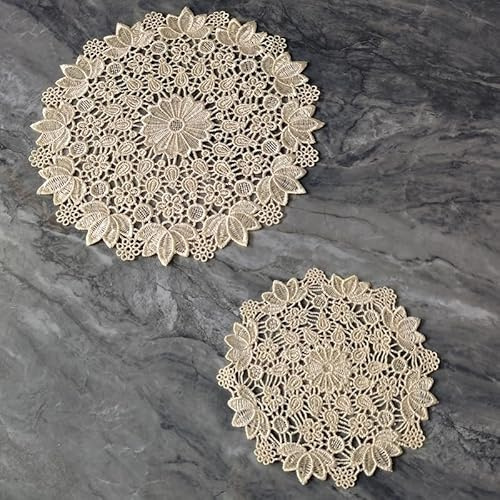 YKAFADE 4 Stück 25cm Runde Beige Bestickte Tischmatte,Handgefertigt Tischset Geklöppelt Spitzendeckchen Häkeldeckchen Tischläufer Vintage Tischdeckchen Untersetzer für Küche Esszimmer Party Hochzeit