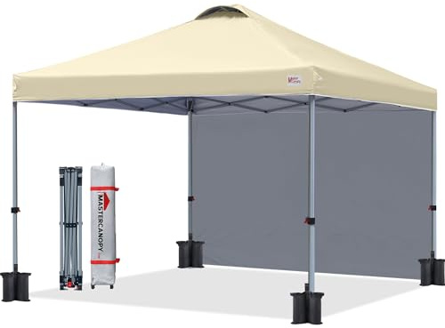 MASTERCANOPY 2,5 x 2,5 m Pop-up-Pavillon Faltpavillon Festzelt mit Entlüftung & 1 Seitenwand/Seitenteil für Markt, Garten, Events, Beige