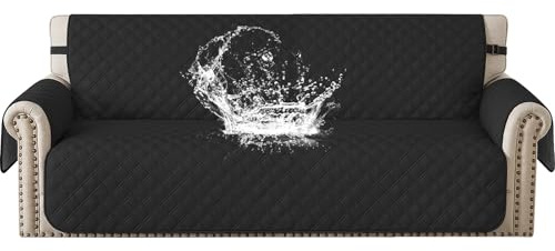 YSTELLAA 100% Wasserdicht Sofa Überzug 3 Sitzer, Sofabezug rutschfest, Gesteppte Sofaüberzug Mit Seitentaschen, Couchschoner, Couch Überzug Kratzfest Für Haustiere Hunde Katzen, Schwarz