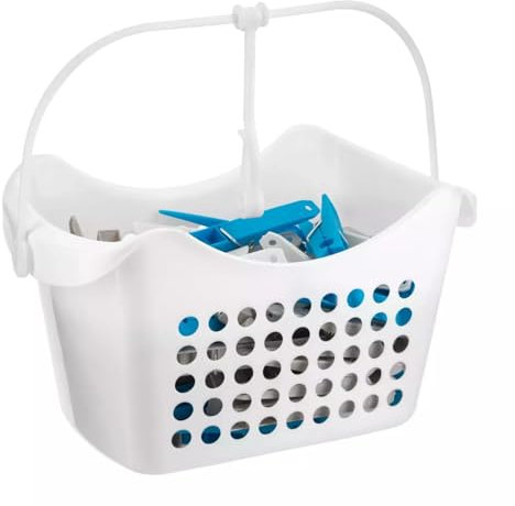 50 Large Clothes Pegs in Hanging Storage Basket for Washing Line Laundry Airer Strong Basket Garments Indoor/Outdoor Assorted Colours Pegs with Basket (White)
