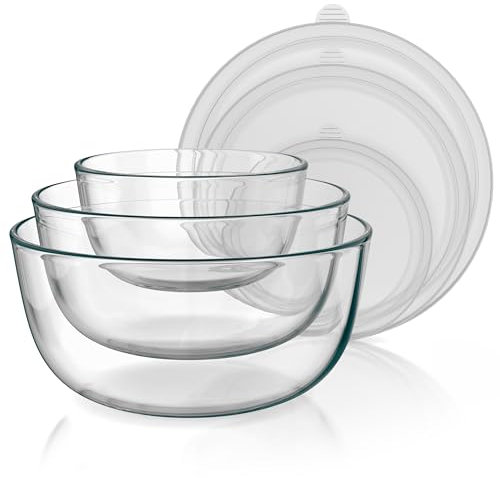 Arendo - Rührschüsseln aus Glas mit Deckel - Glasschüssel 3er Set - 1100ml + 2700ml + 4400ml – Rührschüsseln klein bis groß – Borosilikatglas - Salatschüssel Glasschale Salatglasschale