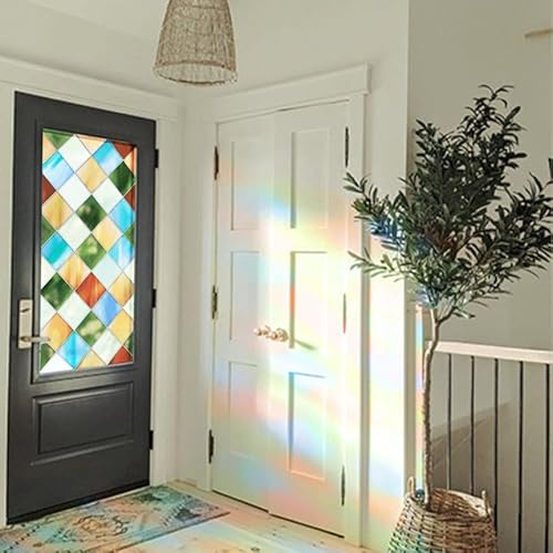 ChicSkin Hand Drawn Stained Glass Window Film Nature Rhombus 30x300cm | Self Adhesive,Double Sided Window Film Reusable Vintage Multicolor,Patterned Vinyl Film Decorative for Glass Home Door