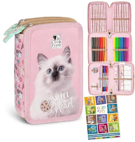 Goldkids - Trousse à 3 compartiments - Trousse pour filles et garçons - Trousse à 3 compartiments - Trousse d'écolier remplie - Trousse d'écolier et cahier de devoirs - Motif chat