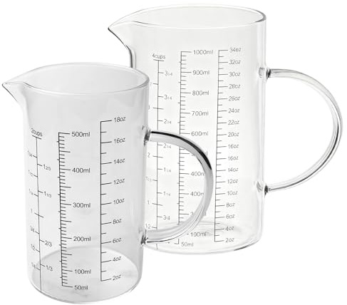 Juego de 2 vasos medidores de cristal, 1 L + 500 ml vaso medidor de vidrio, vidrio de borosilicato resistente al calor, tazas de medición con mango y boquilla en forma de V para cocina o restaurante