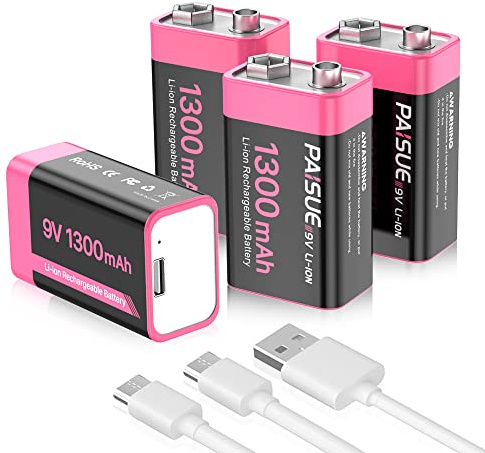 Piles 9V Rechargeables, 1300mAh Haute capacité Lithium-ION 9 Volt Piles carrées avec Port de Charge USB-C Rapide (Pack de 4)