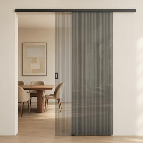 Mai & Mai Porta Scorrevole in Vetro Temperato 8mm con Binario e Maniglia in Lega di Alluminio per Bagno Cucina Studio Ufficio, 77.5x205cm, Muranino-001