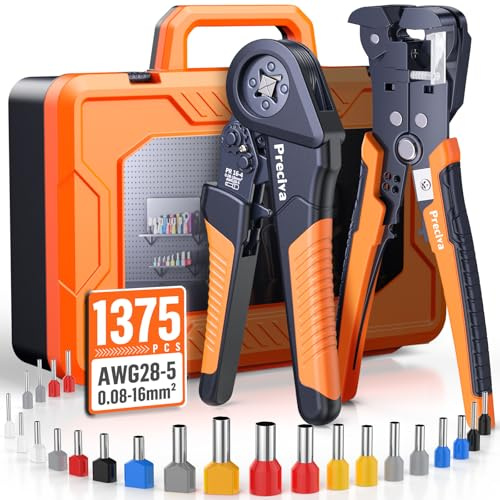 Preciva Crimpzange, Aderendhülsenzange und Abisolierzange für Leiter von 0,2 bis 6,0 mm² Set mit Koffer, Crimpzange 0,08-16mm² mit 265 Twin und 1110 Einzeilige Aderendhülsen Set