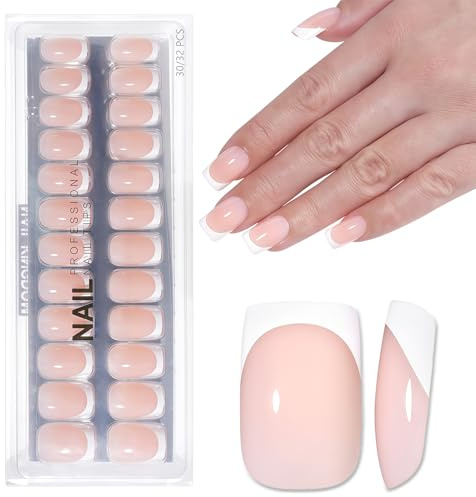Nude French Press on Nails - 32 Stück Künstliche Fingernägel Kurz - Square Kunstnägel Zum Aufkleben - Natürlich Nägel Zum Aufkleben French - Full Cover Fake Nägel Für Frauen (Nude)