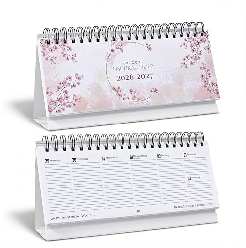 Bordskalender jan 2026 – dec 2027 (29 x 11 cm) stor liggande, veckokalender att ställa upp, skrivbordskalender veckoplanerare stående kalender (körsbärsblommor 2026-2027, panorama liggande format (29